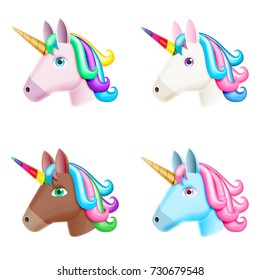 Set of Realistic Vector Unicorn Icons Isolated on White. Head Portrait Horse Sticker, Patch Badge, Emoji. Cute Magic Cartoon Fantasy Cute Animal. Rainbow Hair. Dream Symbol. Design for kids