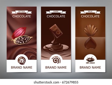 Set Realistic Vector Vertical Banners With Milk, Dark And Bitter Chocolate. Template, Design Element For Packaging With Melted Chocolate