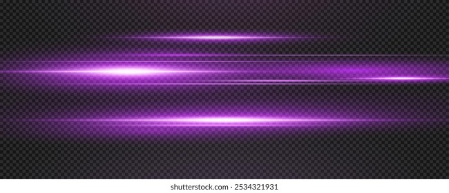 Set of realistic vector violet stars png. Set of vector suns png. Violet flares with highlights. Horizontal light lines, laser, flash. Violet special effect, magic of moving fast motion laser beams.