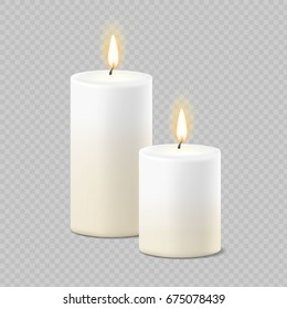 Set of realistic vector white candles with fire on transparent background. Cylindrical aromatic candle sticks with burning flames