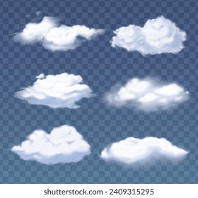 Conjunto de nubes blancas vectoriales realistas sobre fondo azul transparente
