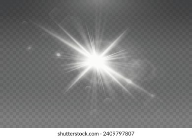 Set of realistic vector white stars png. Set of vector suns png. White flares with highlights.
