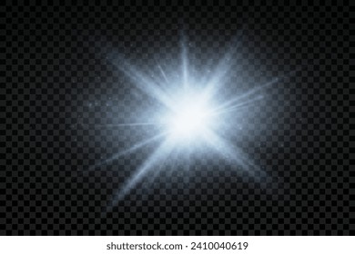 Set of realistic vector white stars png. Set of vector suns png. White flares with highlights.