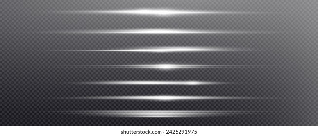 Set of realistic vector white stars png. Set of vector suns png. White flares with highlights.
Horizontal light lines, laser, flash.