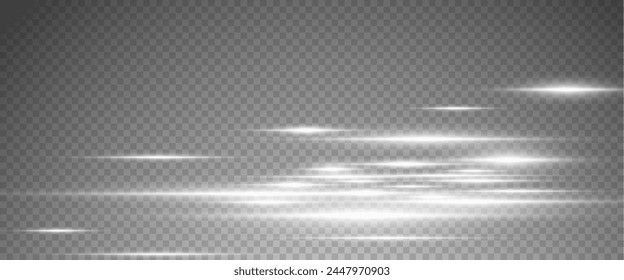 Set of realistic vector white stars png. Set of vector suns png. White flares with highlights. Horizontal light lines, laser, flash. White gold special effect, magic of moving fast motion laser beams.