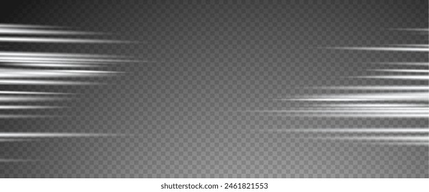 Set of realistic vector white stars png. Set of vector suns png. White flares with highlights. Horizontal light lines, laser, flash. White gold special effect, magic of moving fast motion laser beams.