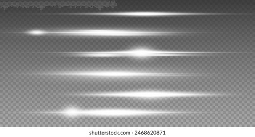 Set of realistic vector white stars png. Set of vector suns png. White flares with highlights. Horizontal light lines, laser, flash. White gold special effect, magic of moving fast motion laser beams.