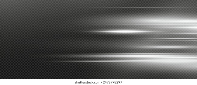 Set of realistic vector  white stars png. Set of vector suns png. White flares with highlights. Horizontal light lines, laser, flash. White special effect, magic of moving fast motion laser beams.