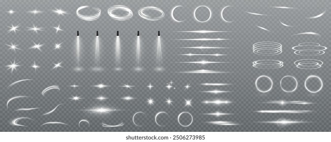 Set of realistic vector  white stars png. Set of vector suns png. White flares with highlights. Horizontal light lines, laser, flash. White special effect, magic of moving fast motion laser beams.