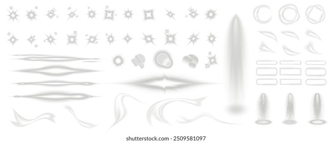 Set of realistic vector  white stars png. Set of vector suns png. White flares with highlights. Horizontal light lines, laser, flash. White special effect, magic of moving fast motion laser beams.