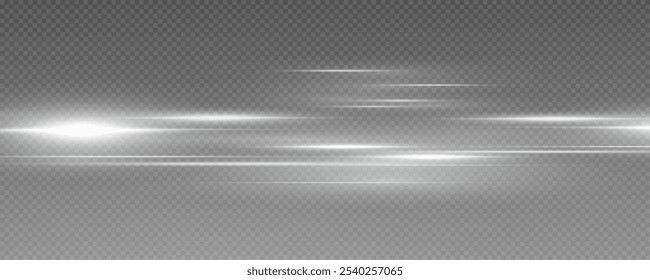 Set of realistic vector  white stars png. Set of vector suns png. White flares with highlights. Horizontal light lines, laser, flash. White special effect, magic of moving fast motion laser beams.