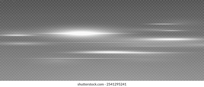 Set of realistic vector  white stars png. Set of vector suns png. White flares with highlights. Horizontal light lines, laser, flash. White special effect, magic of moving fast motion laser beams.