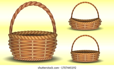 Set of realistic vector wicker baskets of different shapes