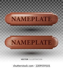 Set of realistic vector wooden nameplates in different lighting. 3D vector illustration isolated on transparent background