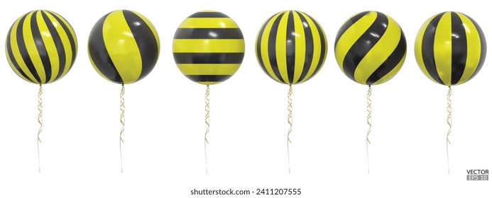 Set of realistic vector yellow and black striped balloons isolated on white background. Yellow and black balloons clipart for anniversary, birthday, wedding, party. 3D vector illustration.