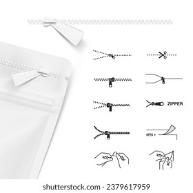 A set of realistic vector zipper mockup and icons for zippers. Vector illustration ready to use on white background. Easy to use for presentation your product, idea, design. EPS10.