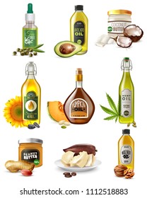 Set of realistic vegetable oils from seeds, nuts and fruits in bottles and jars isolated vector illustration 