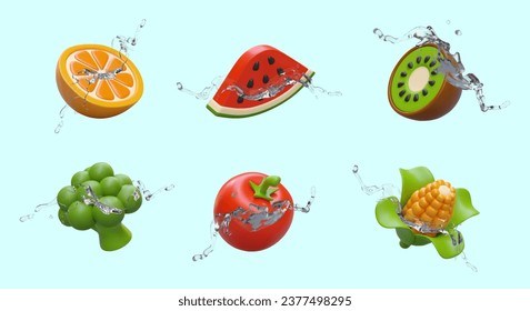 Set of realistic vegetables and fruits in water splashes. Concept of environmentally friendly natural ingredients. Orange, watermelon, kiwi, broccoli, tomato, corn. Color vector illustration