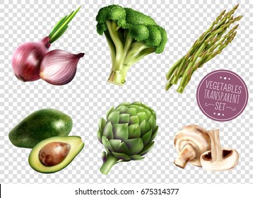 Set of realistic vegetables isolated icons on transparent background with avocado onion broccoli artichoke asparagus mushrooms vector illustration