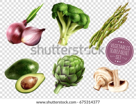 Set of realistic vegetables isolated icons on transparent background with avocado onion broccoli artichoke asparagus mushrooms vector illustration