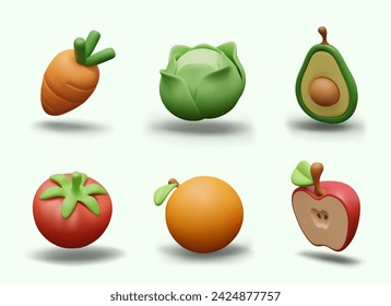 Set of realistic vegetables on fruits in plasticine style. Whole objects and halves