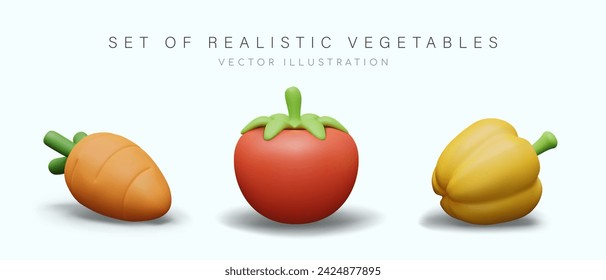Set of realistic vegetables with shadows. Carrot, tomato, yellow bell pepper