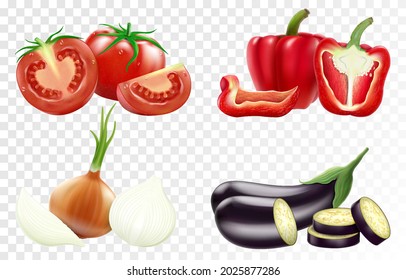 Set of realistic vegetables, tomatoes, bell peppers, onions and eggplant. Realistic 3D vector illustration isolated on transparent background