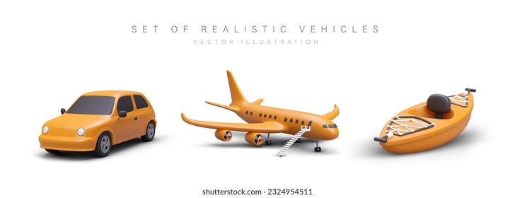 Set of realistic vehicles. Travel by land, air, water. Personal and public transport. 3D orange car, plane, kayak. Isolated vector illustration with shadows on white background