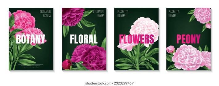 Set of realistic vertical botanical posters with beautiful blooming pink peonies isolated vector illustration