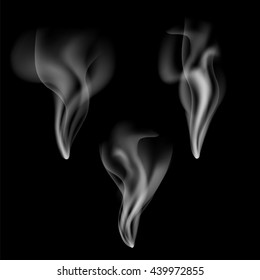Set of realistic vertical smoke flows, vector illustration of fire smoke or cigarette smoke, white grey smoke picture on black background, smoke flowing and diffusing in air, realistic smoke element