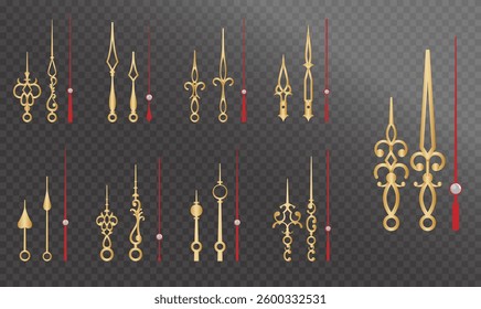 Set of Realistic Vintage Clock golden colored or Ornate Clock Hands Collection isolated.