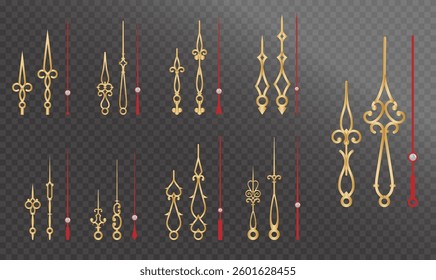Set of Realistic Vintage Clock golden colored or Ornate Clock Hands Collection isolated.