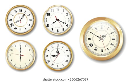 Set of Realistic Vintage Clock golden colored or Ornate Clock Hands Collection isolated.