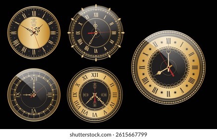 Set of Realistic Vintage Clock golden colored or Ornate Clock Hands Collection isolated.