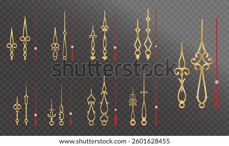Set of Realistic Vintage Clock golden colored or Ornate Clock Hands Collection isolated.