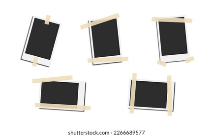 Set of realistic vintage photo frame with adhesive tape. Realistic modern photo frames glued on tape. Vector illustration isolated on white - Shutterstock ID 2266689577