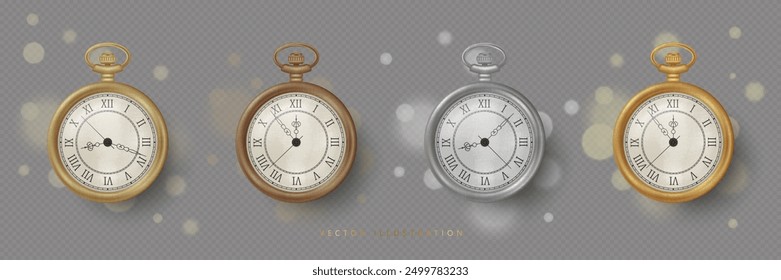 A set of Realistic Vintage Pocket Watches of different metal colors. Vector illustration in 3D style