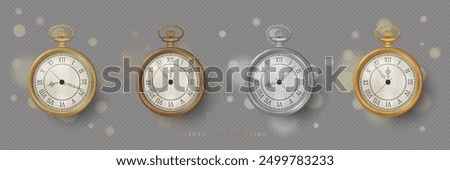 A set of Realistic Vintage Pocket Watches of different metal colors. Vector illustration in 3D style