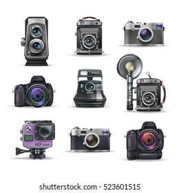 Set of realistic vintage retro camera and digital photo camera. Vector illustration on white background.