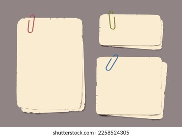 Set of realistic vintage torn papers and paper clips with shadow on transparent background.