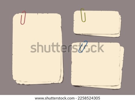 Set of realistic vintage torn papers and paper clips with shadow on transparent background.