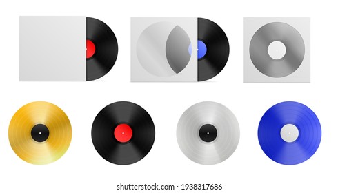 Set of realistic vinyl mockup. Dj cover disc in paper blank. Lp record cover. White platinum silver and blue vinyl plate. Isolated vector illustration.