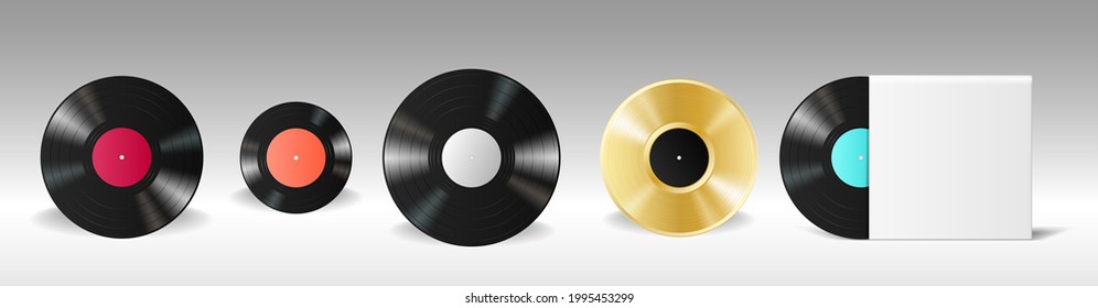 Set von realistischen Vinyl-Aufnahmen einzeln oder in weißem, weißem Umschlag. Musik lp Retro-Disc für Grammophonplatte. 3D-Vektorgrafik