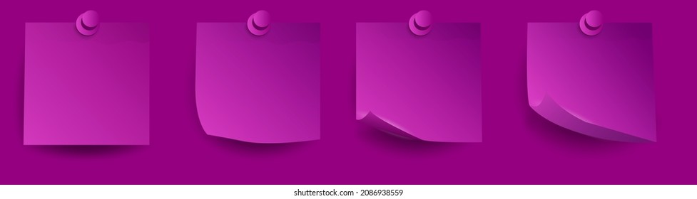 Set of realistic violet 3D paper stickers with curled corners and shadows. For the design of postcards, posters, banners, websites, etc. Vector 