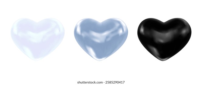 Set of realistic volume shiny hearts white, silver, black color. 3d glossy glass hearts for romantic greeting card, invitation, design, banner, flyer, poster, decoration. Vector illustration