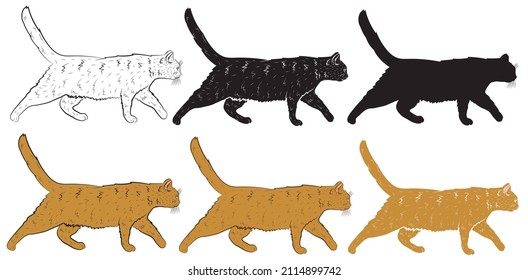 Set of Realistic walking ginger cat in profile. Vector illustration.