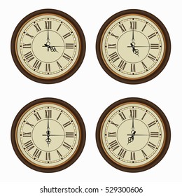 Set of realistic wall clocks, Old clock vintage style with the times set at every hour.