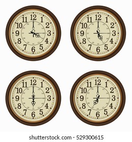 Set of realistic wall clocks, Old clock vintage style with the times set at every hour.