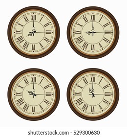 Set of realistic wall clocks, Old clock vintage style with the times set at every hour.