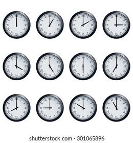 Set of realistic wall clocks with Roman numerals, with the times set at every hour.